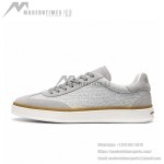 Loro Piana Tennis Walk Sneaker in light grey woven textile and tonal suede with caramel trim and white rubber sole