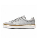 Loro Piana Tennis Walk Sneaker in light grey woven textile and tonal suede with caramel trim and white rubber sole