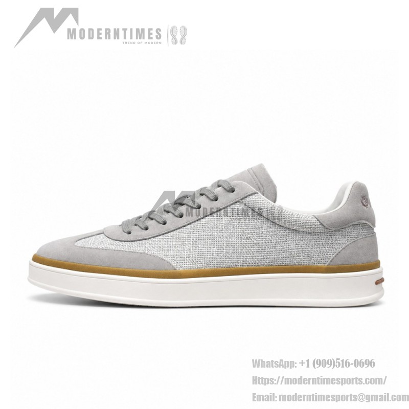 Loro Piana Tennis Walk Sneaker in light grey woven textile and tonal suede with caramel trim and white rubber sole