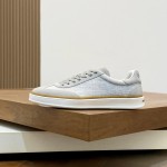 Loro Piana Tennis Walk Sneaker in light grey woven textile and tonal suede with caramel trim and white rubber sole