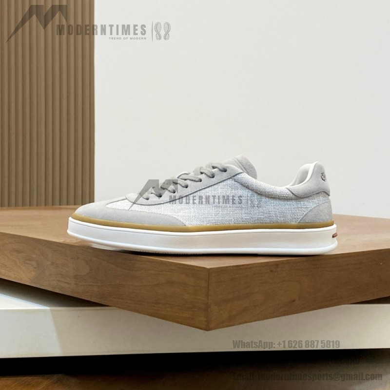 Loro Piana Tennis Walk Sneaker in light grey woven textile and tonal suede with caramel trim and white rubber sole