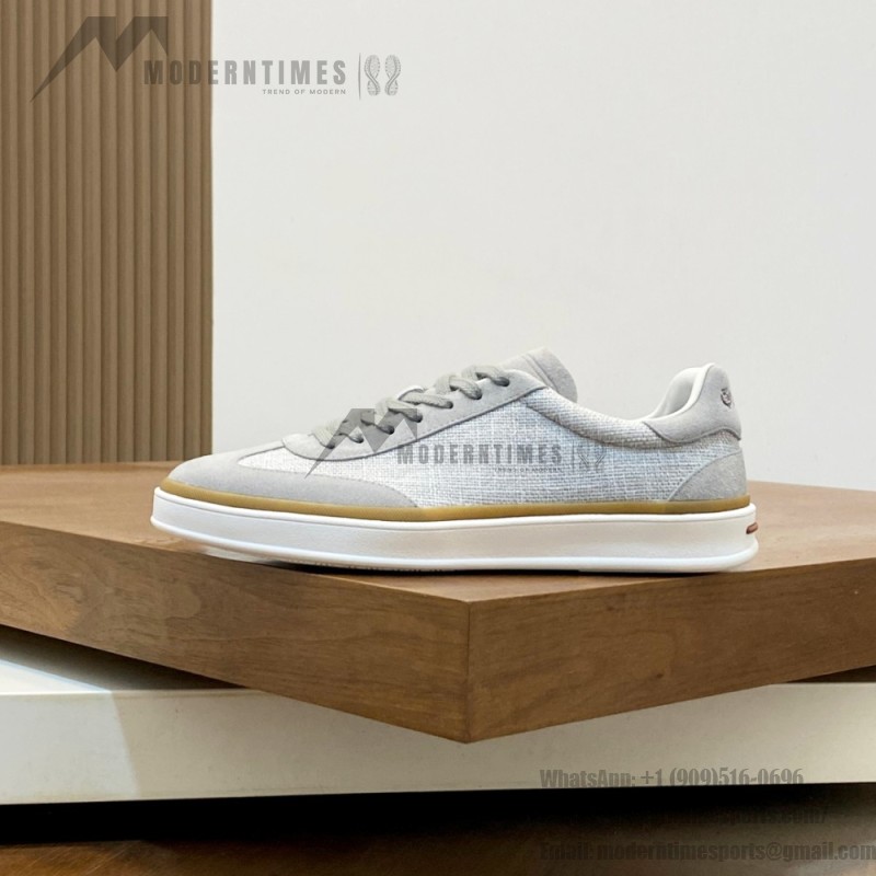 Loro Piana Tennis Walk Sneaker in light grey woven textile and tonal suede with caramel trim and white rubber sole
