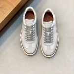 Loro Piana Tennis Walk Sneaker in light grey woven textile and tonal suede with caramel trim and white rubber sole