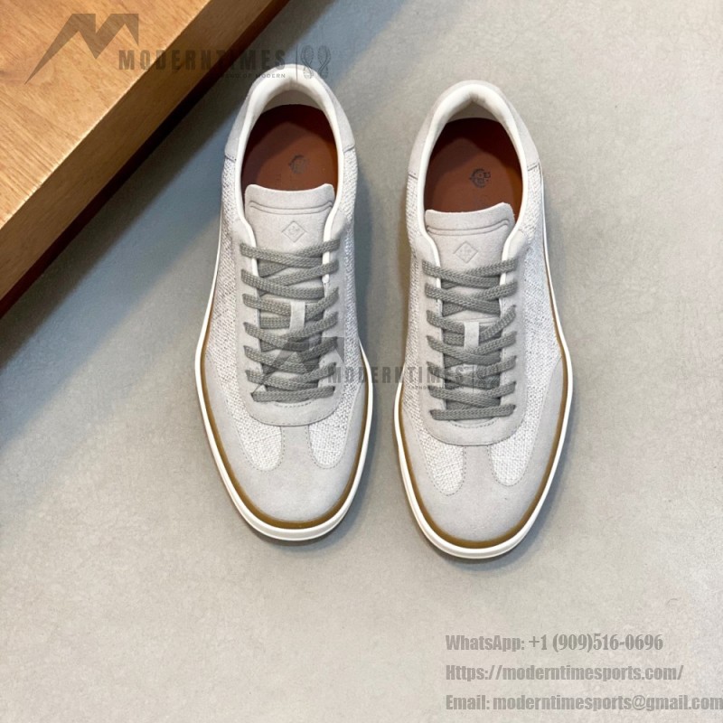 Loro Piana Tennis Walk Sneaker in light grey woven textile and tonal suede with caramel trim and white rubber sole