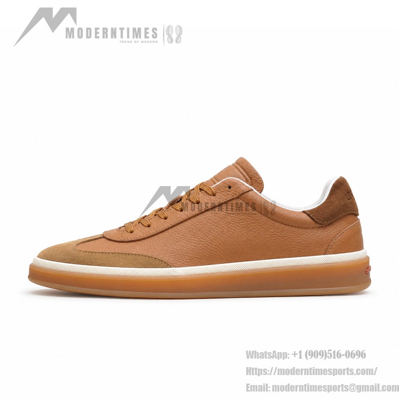 Loro Piana Tennis Walk Sneaker in Light Sand Dune and Cognac Tan leather and suede with coffee gum sole