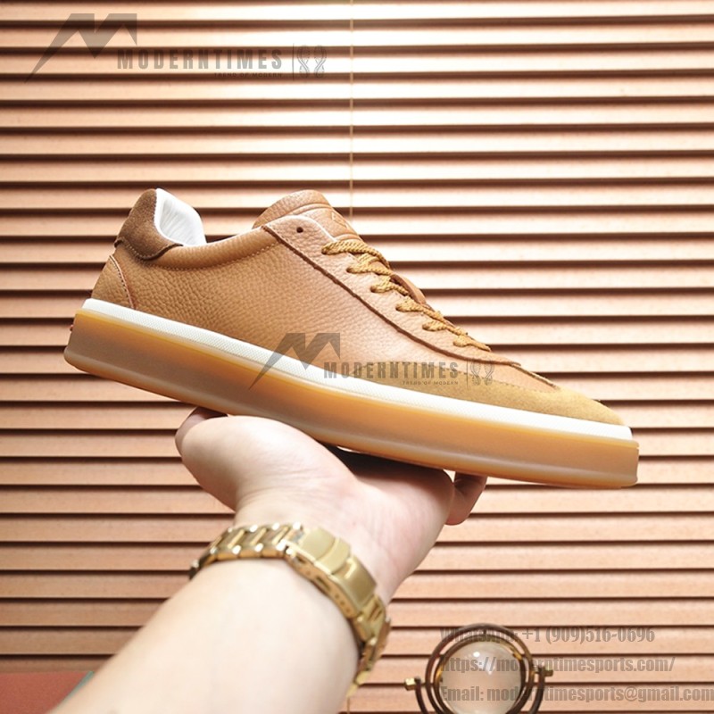 Loro Piana Tennis Walk Sneaker in Light Sand Dune and Cognac Tan leather and suede with coffee gum sole