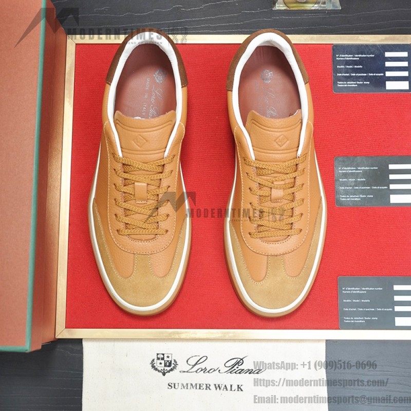 Loro Piana Tennis Walk Sneaker in Light Sand Dune and Cognac Tan leather and suede with coffee gum sole