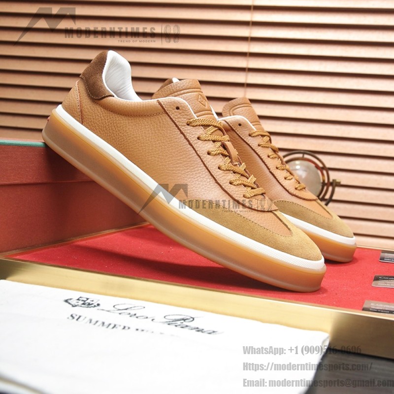 Loro Piana Tennis Walk Sneaker in Light Sand Dune and Cognac Tan leather and suede with coffee gum sole