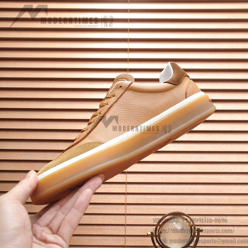 Loro Piana Tennis Walk Sneaker in Light Sand Dune and Cognac Tan leather and suede with coffee gum sole