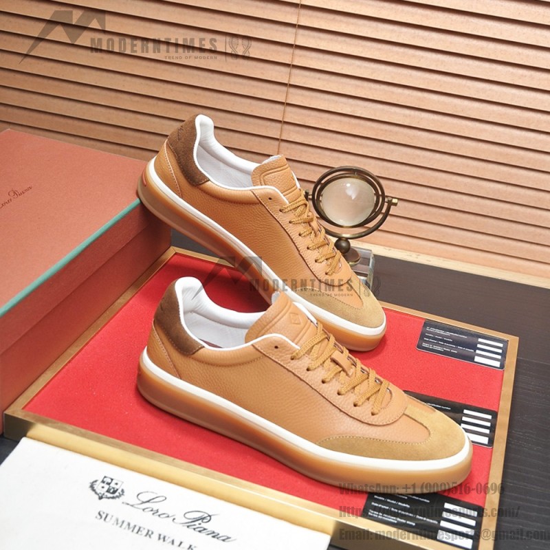 Loro Piana Tennis Walk Sneaker in Light Sand Dune and Cognac Tan leather and suede with coffee gum sole