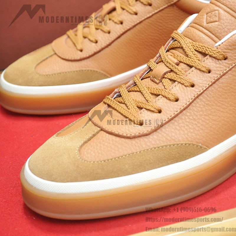 Loro Piana Tennis Walk Sneaker in Light Sand Dune and Cognac Tan leather and suede with coffee gum sole