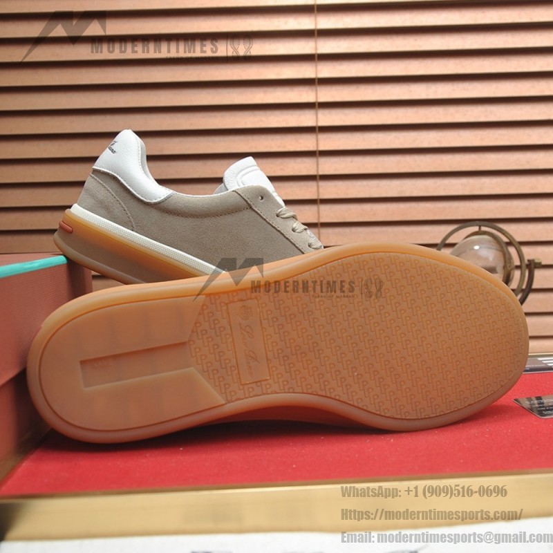 Loro Piana Tennis Walk Sneaker in light taupe suede with white leather accents and Coffee Gum Sole