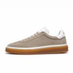 Loro Piana Tennis Walk Sneaker in light taupe suede with white leather accents and Coffee Gum Sole