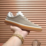 Loro Piana Tennis Walk Sneaker in light taupe suede with white leather accents and Coffee Gum Sole
