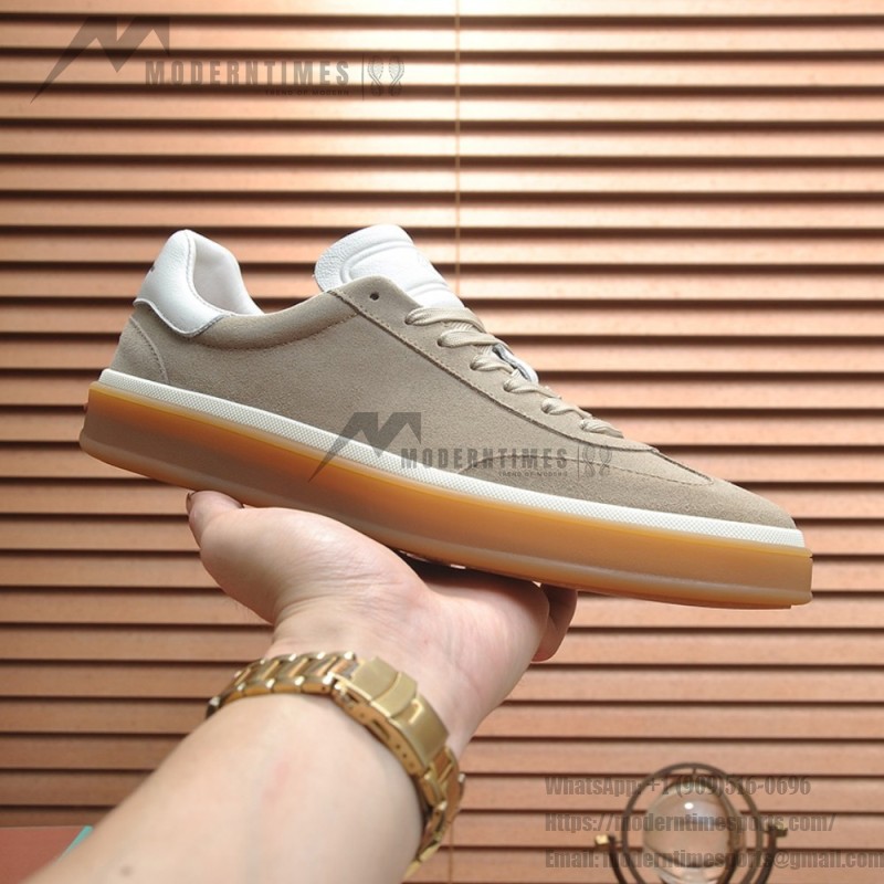 Loro Piana Tennis Walk Sneaker in light taupe suede with white leather accents and Coffee Gum Sole