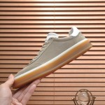 Loro Piana Tennis Walk Sneaker in light taupe suede with white leather accents and Coffee Gum Sole
