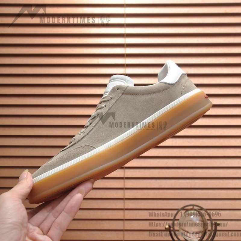 Loro Piana Tennis Walk Sneaker in light taupe suede with white leather accents and Coffee Gum Sole