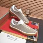 Loro Piana Tennis Walk Sneaker in light taupe suede with white leather accents and Coffee Gum Sole
