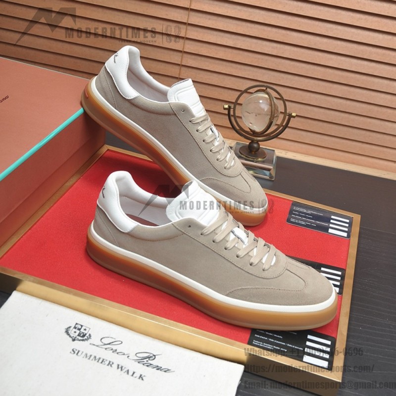 Loro Piana Tennis Walk Sneaker in light taupe suede with white leather accents and Coffee Gum Sole