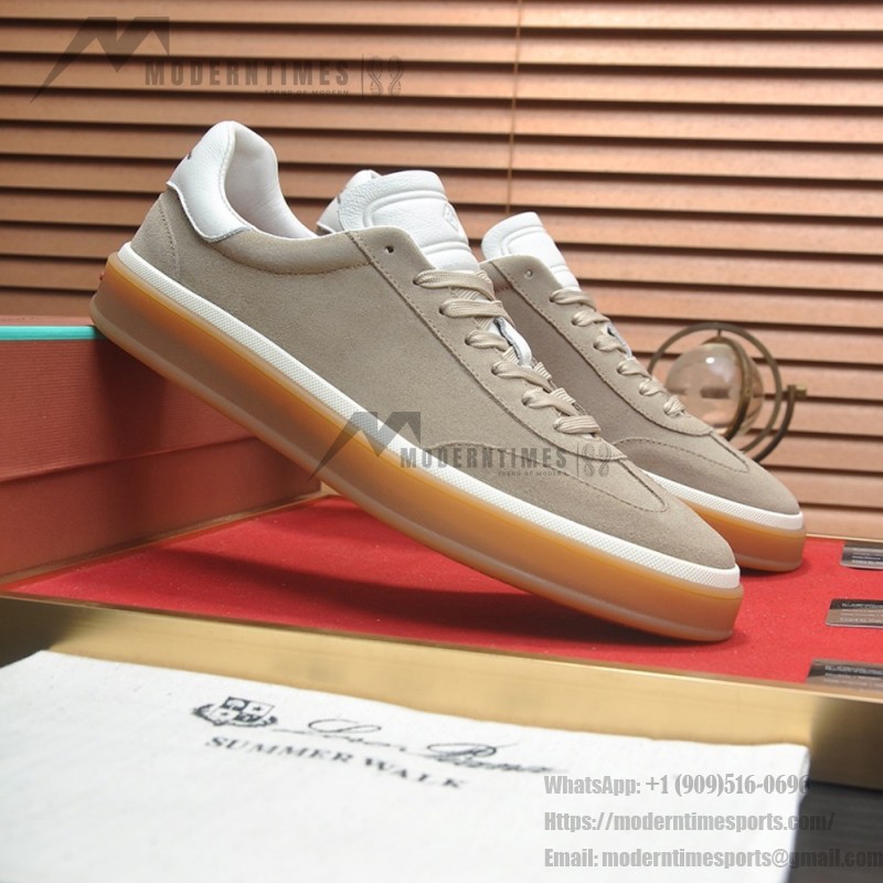 Loro Piana Tennis Walk Sneaker in light taupe suede with white leather accents and Coffee Gum Sole