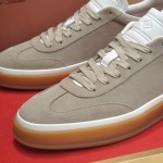Loro Piana Tennis Walk Sneaker in light taupe suede with white leather accents and Coffee Gum Sole
