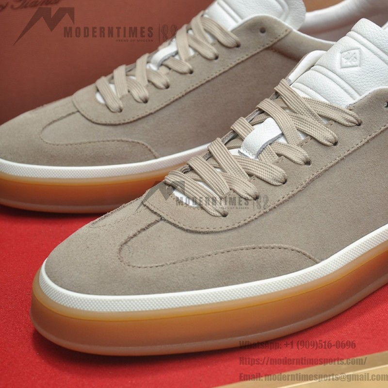 Loro Piana Tennis Walk Sneaker in light taupe suede with white leather accents and Coffee Gum Sole