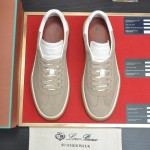 Loro Piana Tennis Walk Sneaker in light taupe suede with white leather accents and Coffee Gum Sole