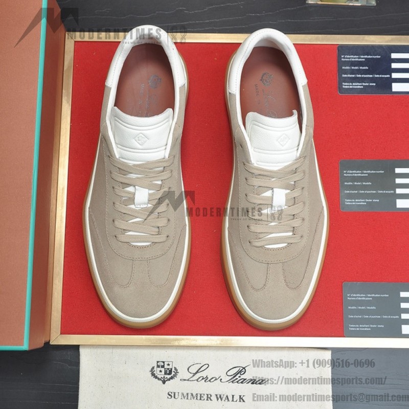 Loro Piana Tennis Walk Sneaker in light taupe suede with white leather accents and Coffee Gum Sole
