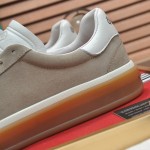 Loro Piana Tennis Walk Sneaker in light taupe suede with white leather accents and Coffee Gum Sole