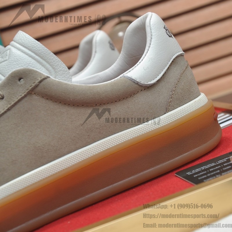 Loro Piana Tennis Walk Sneaker in light taupe suede with white leather accents and Coffee Gum Sole