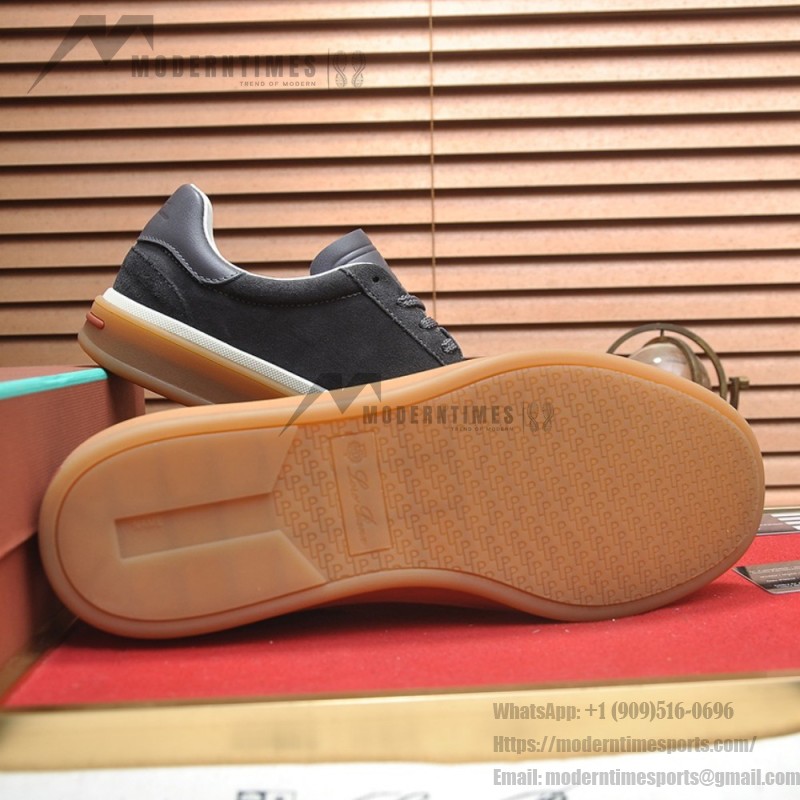 Loro Piana Tennis Walk Sneaker FAN8505_M0WF in Obsidian Grey suede with tonal leather details and Coffee Gum Sole