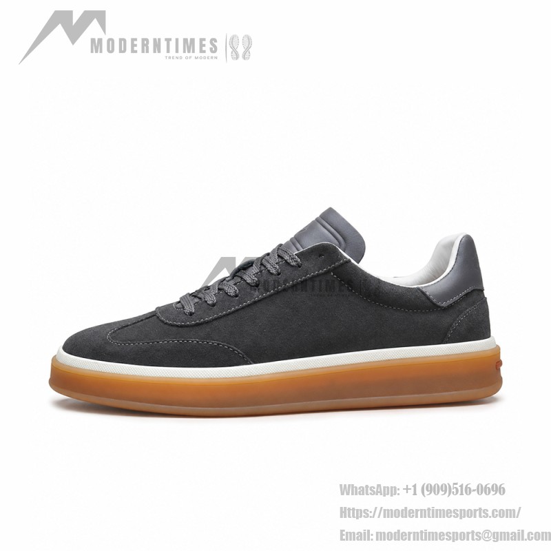 Loro Piana Tennis Walk Sneaker FAN8505_M0WF in Obsidian Grey suede with tonal leather details and Coffee Gum Sole