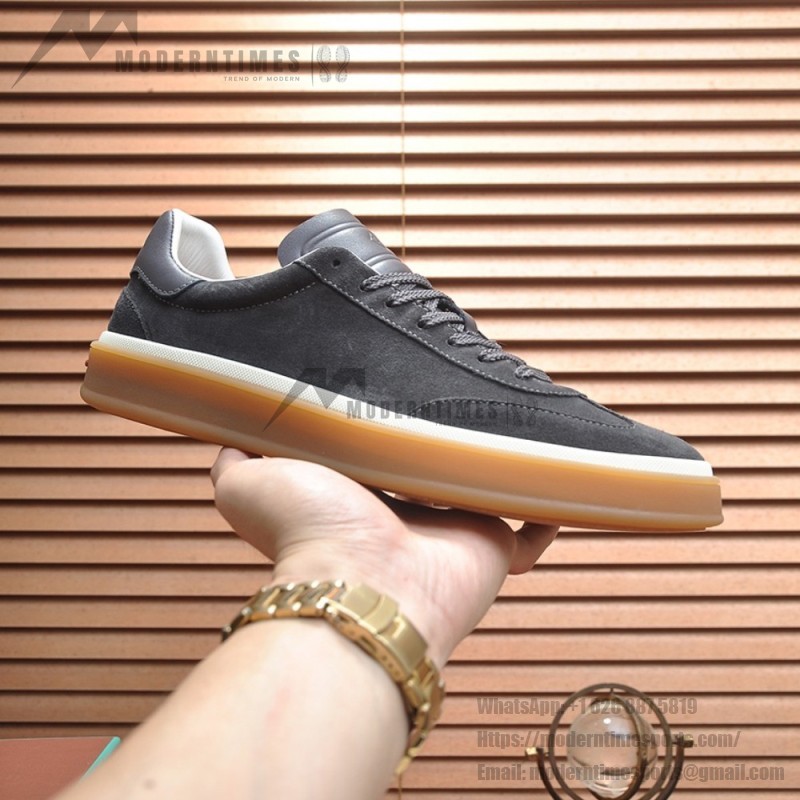 Loro Piana Tennis Walk Sneaker FAN8505_M0WF in Obsidian Grey suede with tonal leather details and Coffee Gum Sole