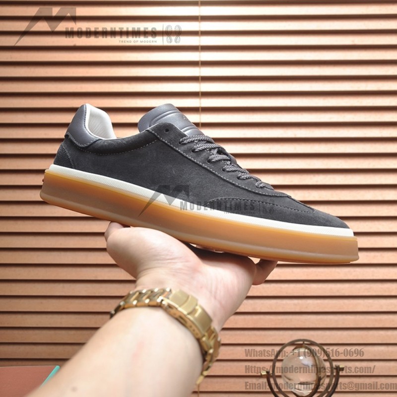 Loro Piana Tennis Walk Sneaker FAN8505_M0WF in Obsidian Grey suede with tonal leather details and Coffee Gum Sole