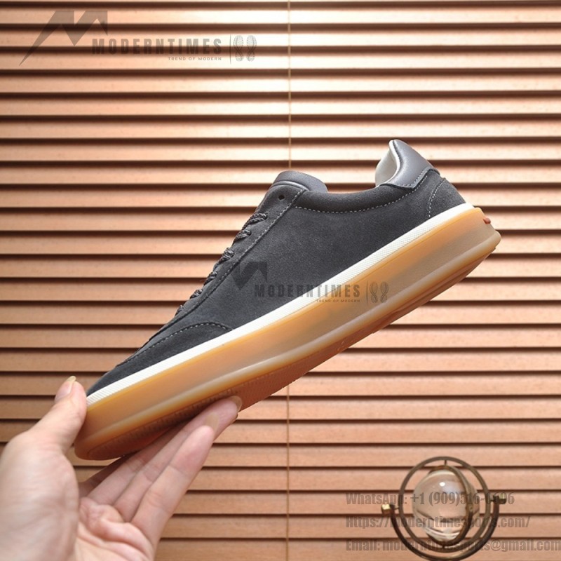 Loro Piana Tennis Walk Sneaker FAN8505_M0WF in Obsidian Grey suede with tonal leather details and Coffee Gum Sole