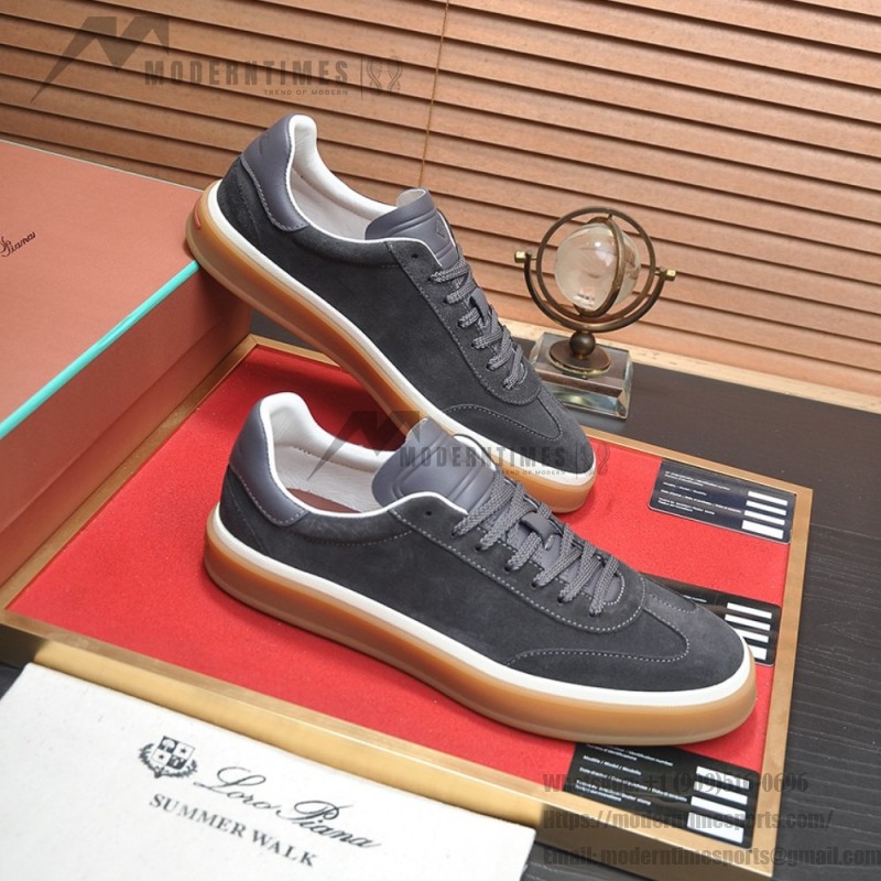 Loro Piana Tennis Walk Sneaker FAN8505_M0WF in Obsidian Grey suede with tonal leather details and Coffee Gum Sole