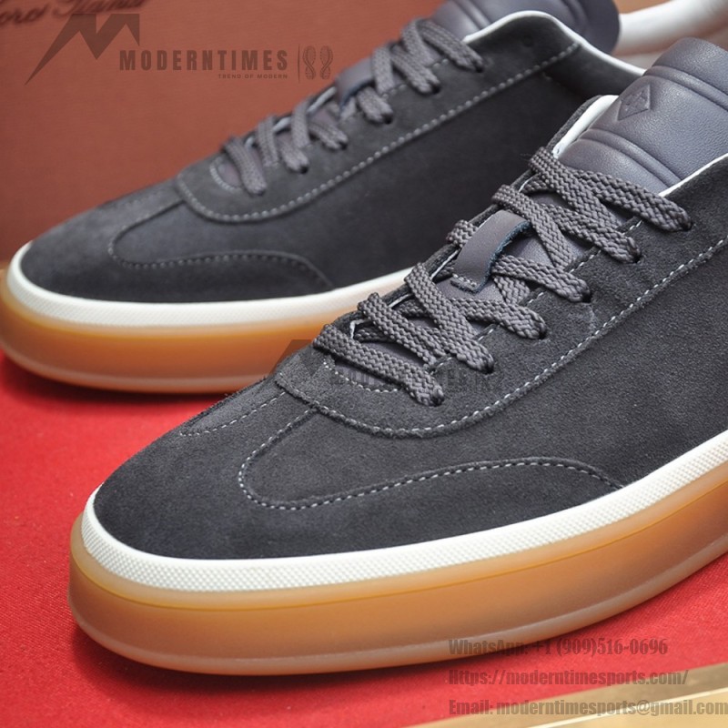 Loro Piana Tennis Walk Sneaker FAN8505_M0WF in Obsidian Grey suede with tonal leather details and Coffee Gum Sole