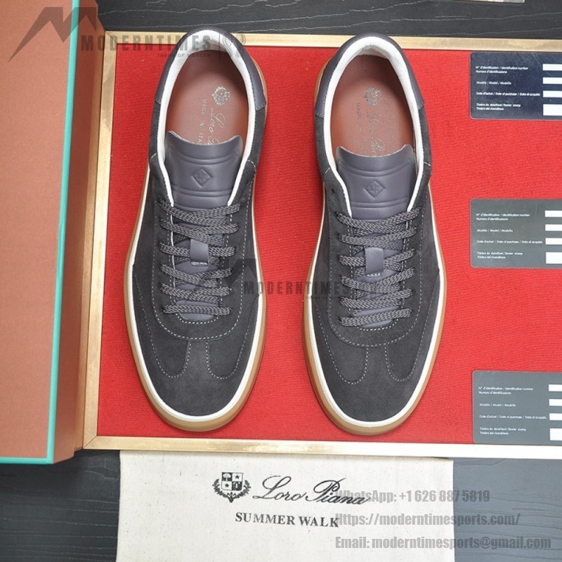 Loro Piana Tennis Walk Sneaker FAN8505_M0WF in Obsidian Grey suede with tonal leather details and Coffee Gum Sole