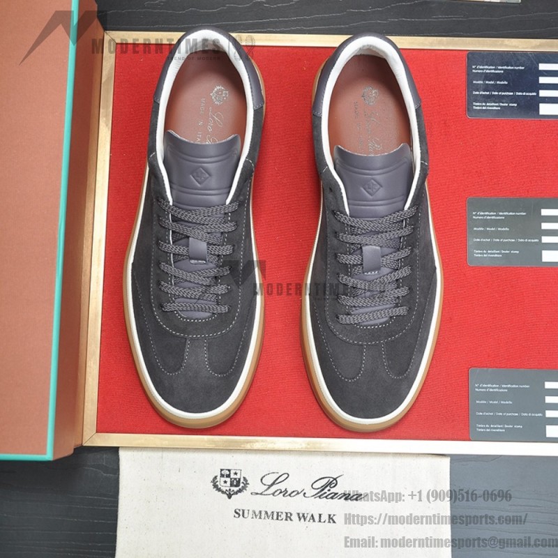 Loro Piana Tennis Walk Sneaker FAN8505_M0WF in Obsidian Grey suede with tonal leather details and Coffee Gum Sole