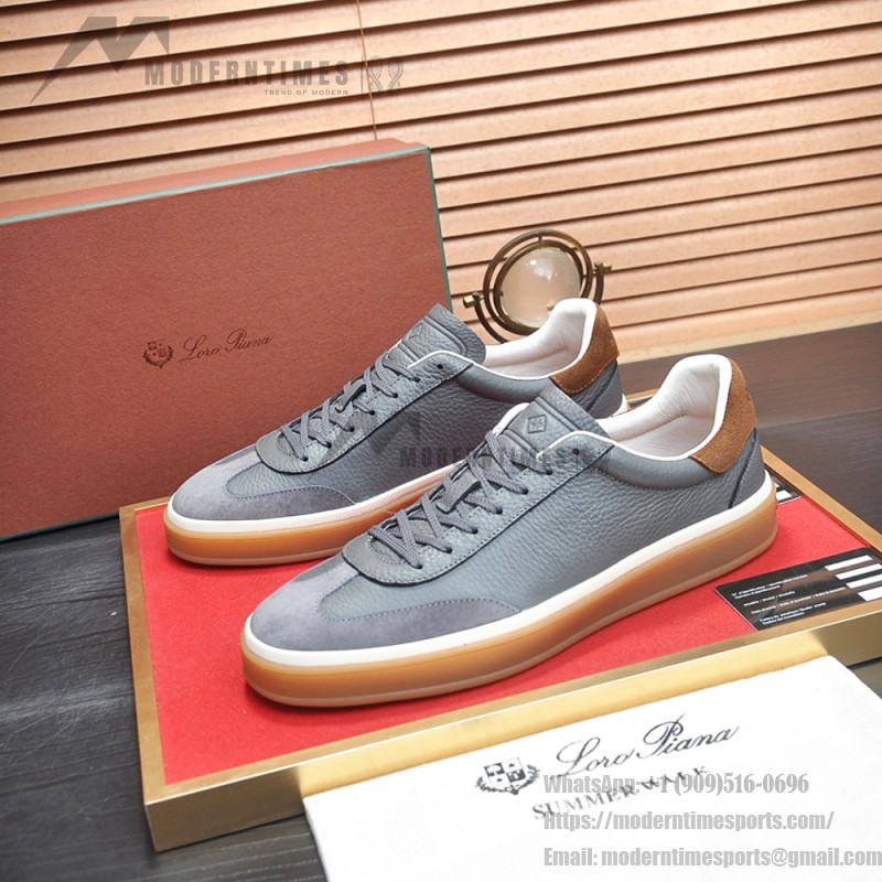 Loro Piana Tennis Walk Sneaker in slate grey and blue grey leather and suede with coffee gum sole