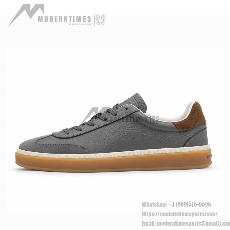 Loro Piana Tennis Walk Sneaker in slate grey and blue grey leather and suede with coffee gum sole