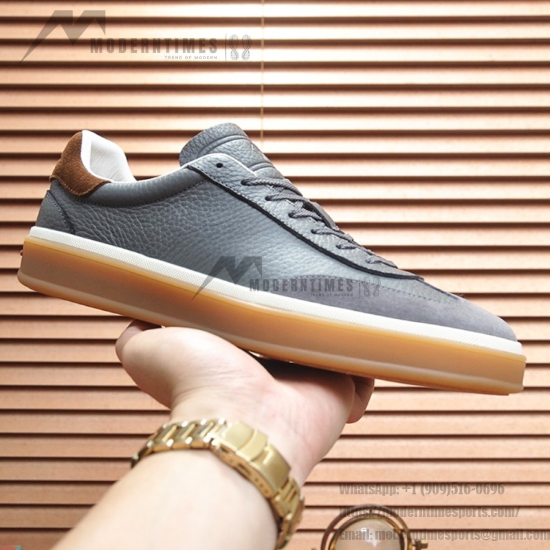 Loro Piana Tennis Walk Sneaker in slate grey and blue grey leather and suede with coffee gum sole
