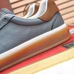 Loro Piana Tennis Walk Sneaker in slate grey and blue grey leather and suede with coffee gum sole