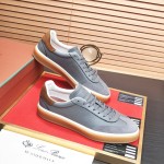 Loro Piana Tennis Walk Sneaker in slate grey and blue grey leather and suede with coffee gum sole