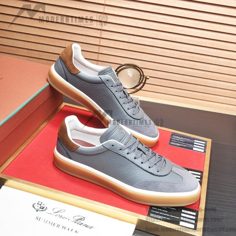 Loro Piana Tennis Walk Sneaker in slate grey and blue grey leather and suede with coffee gum sole