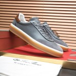 Loro Piana Tennis Walk Sneaker in slate grey and blue grey leather and suede with coffee gum sole