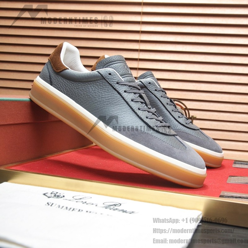 Loro Piana Tennis Walk Sneaker in slate grey and blue grey leather and suede with coffee gum sole