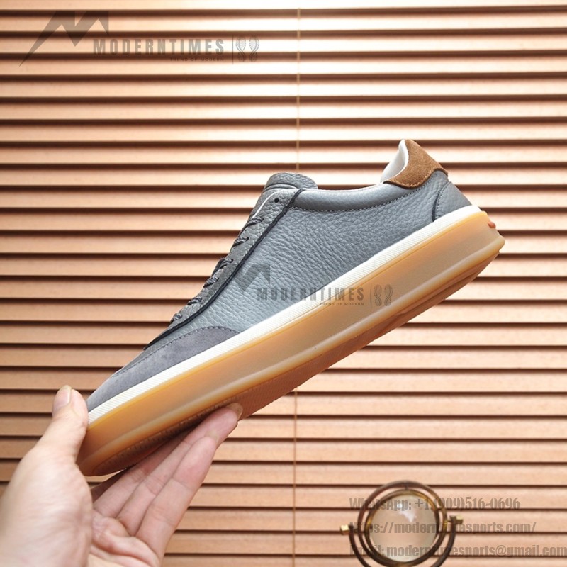 Loro Piana Tennis Walk Sneaker in slate grey and blue grey leather and suede with coffee gum sole