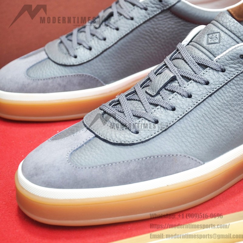 Loro Piana Tennis Walk Sneaker in slate grey and blue grey leather and suede with coffee gum sole