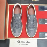 Loro Piana Tennis Walk Sneaker in slate grey and blue grey leather and suede with coffee gum sole